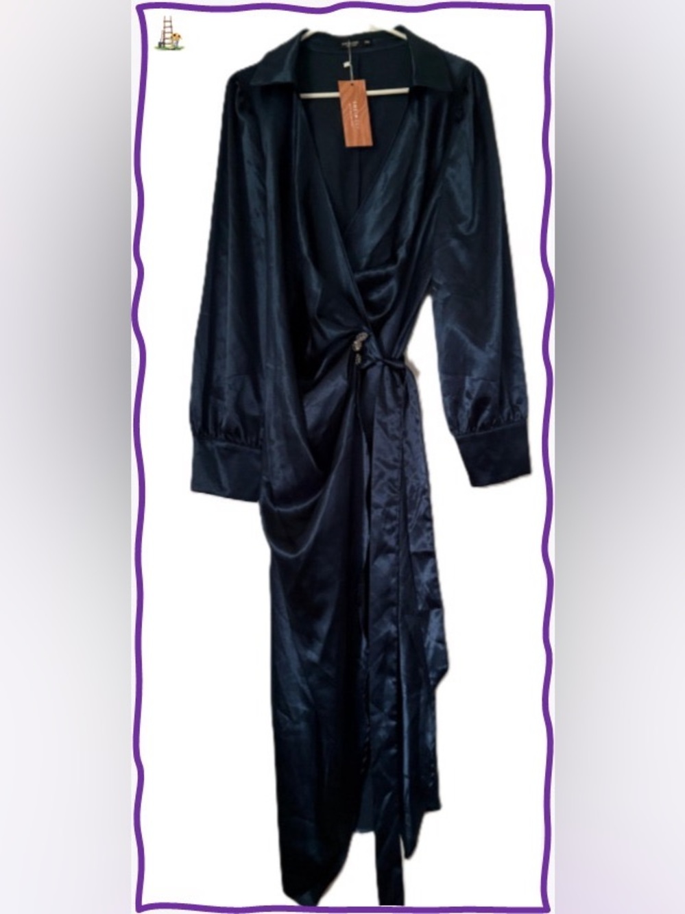SHEIN Satin Wrap Dress Navy Blue Midi Long Sleeve Belted Elegant